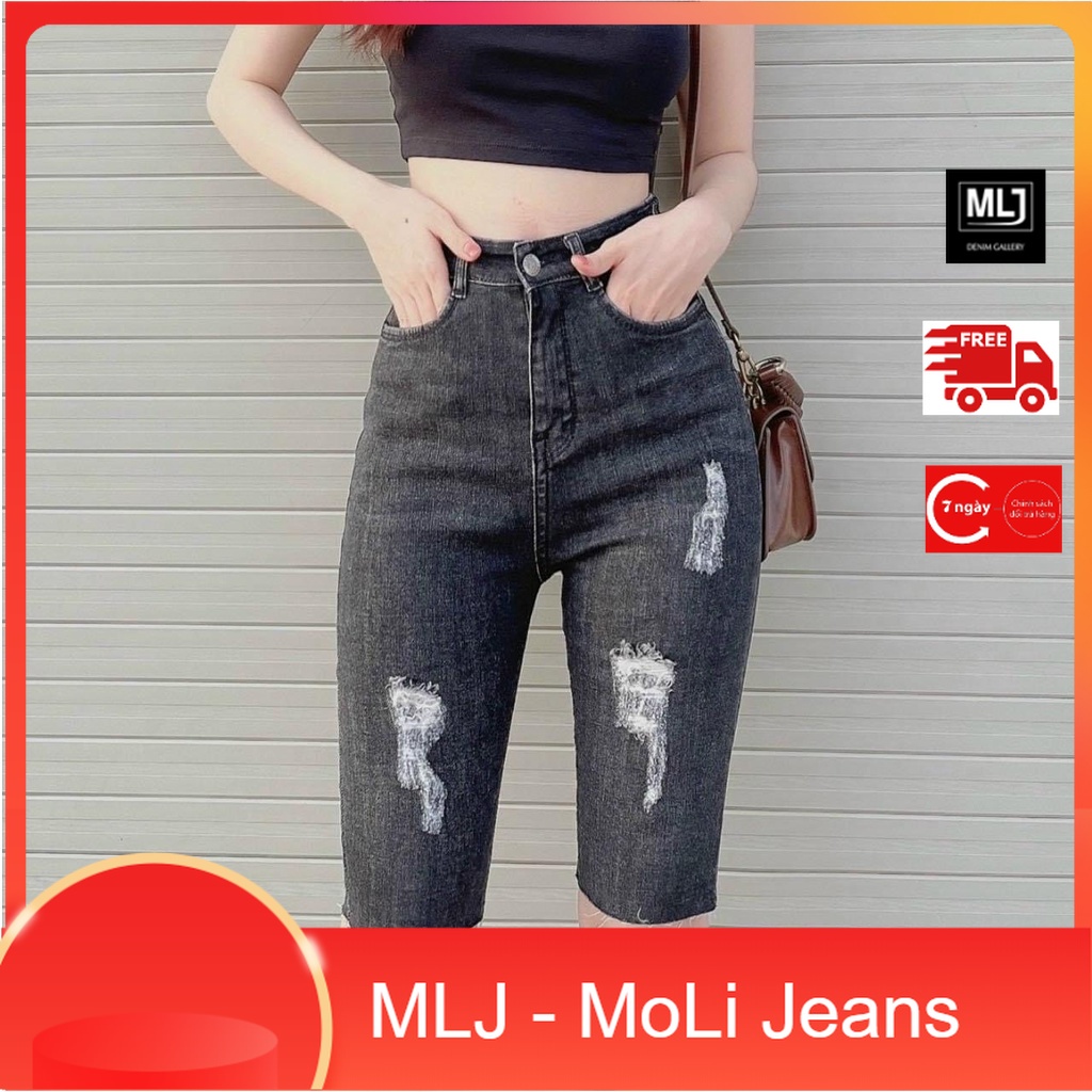 Quần jeans ngố dành cho BigSize Lưng cao, co dãn mạnh, màu xám lông chuột rách kiểu 4276 MLJ