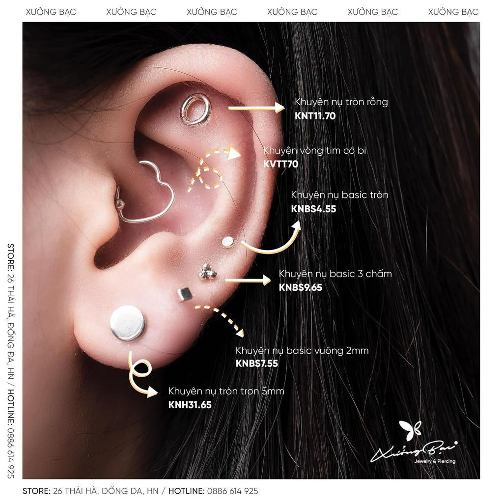 Khuyên tai nụ họa tiết hình vuông trơn Xưởng Bạc, bông tai bạc nam nữ, unisex đeo vị trí Hellix, Tragus, Conch KNBS6.55