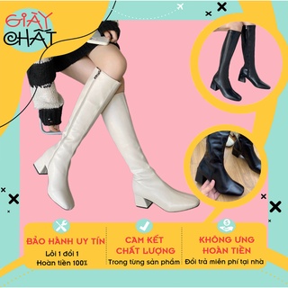 Giày bốt da trơn cổ cao chất mềm, Bốt đùi cao cổ da trơn đế vuông siêu sang chảnh