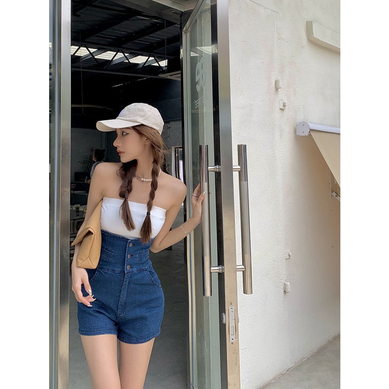 Net red ins super high waist bud denim shorts women's summer design feeling slim a-word bag hip wide leg hot pants