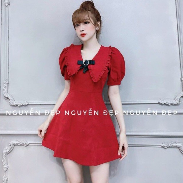 Đầm xoè đỏ cổ bèo tặng kèm tag nơ tháo rời (Video + ảnh thật shop chụp)