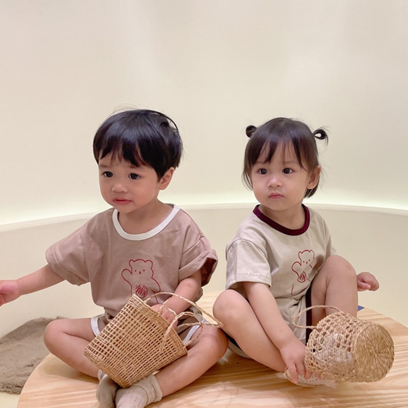 Bộ Quần Áo Cotton Ngắn Tay Họa Tiết Hoạt Hình Phong Cách Hàn Quốc Cho Bé