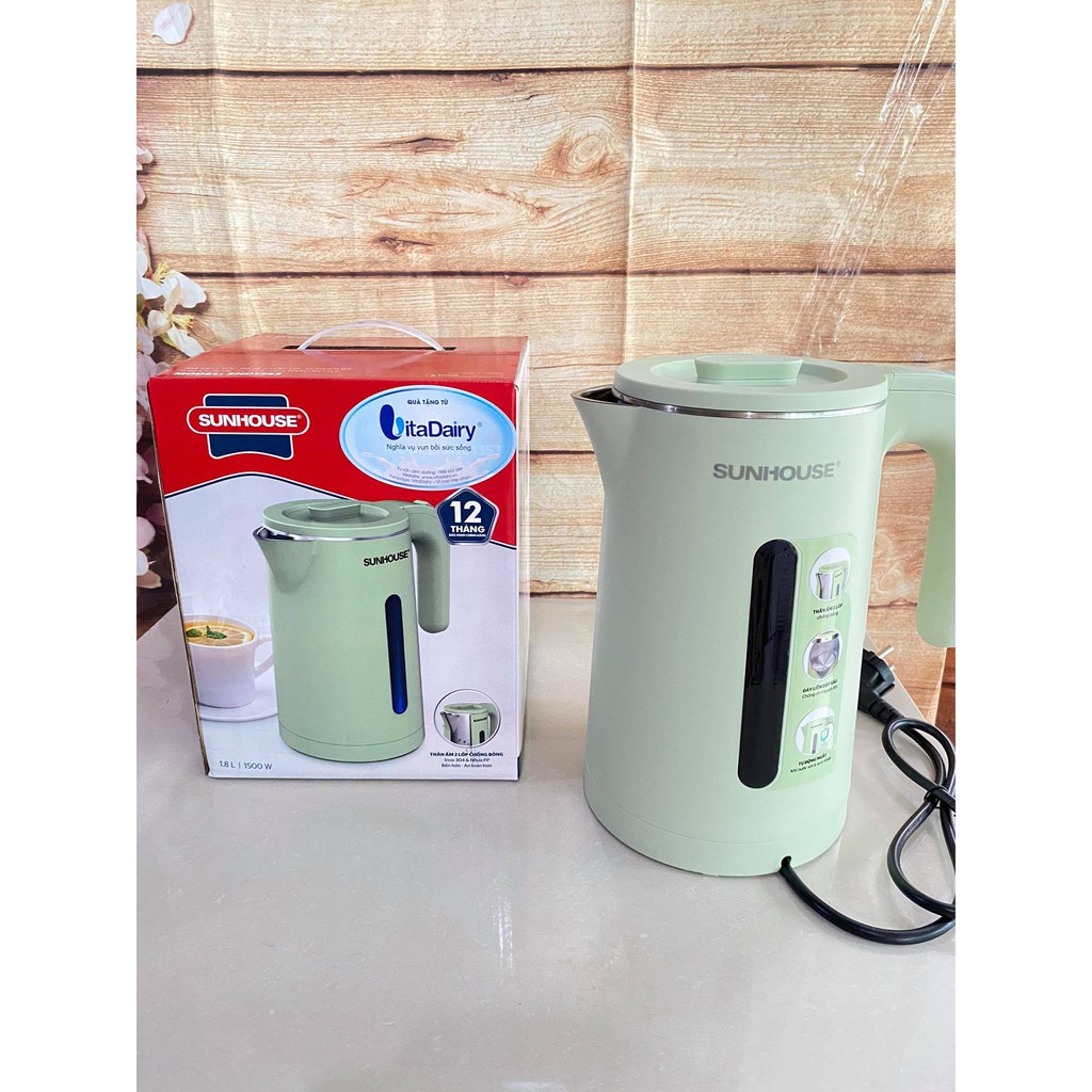 Ấm đun siêu tốc SUNHOUSE SHD1353 Inox 2 lớp cao cấp dung tích 1.8L đun siêu nhanh - Hàng Chính Hãng SUNHOUSE