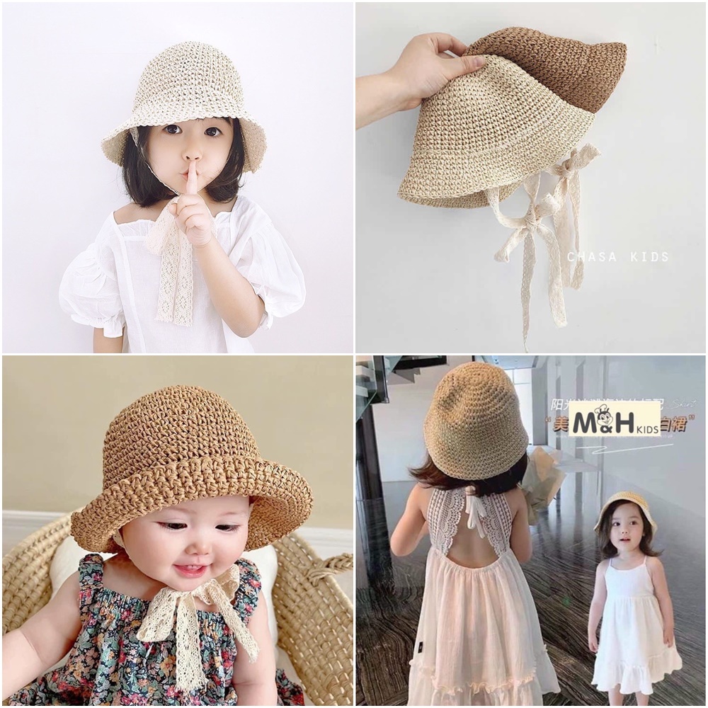 Nón mũ cói mềm cột nơ xinh tiểu thư cho bé gái (từ 2 tuổi -5 tuổi vừa)