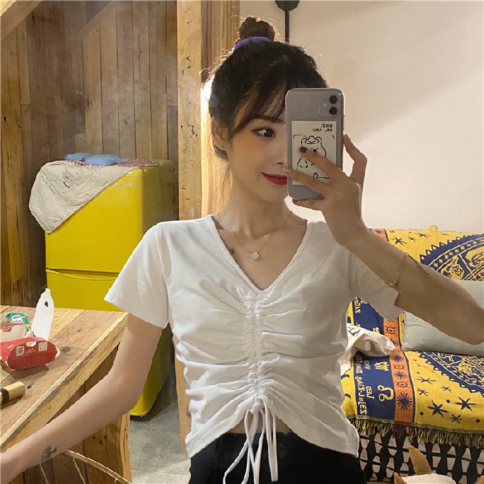 Áo thun nữ tay ngắn rút ngực cotton dày dặn, áo ulzzang nữ ngắn tay rút dây phong cách Hàn Quốc C61 - Maoshop