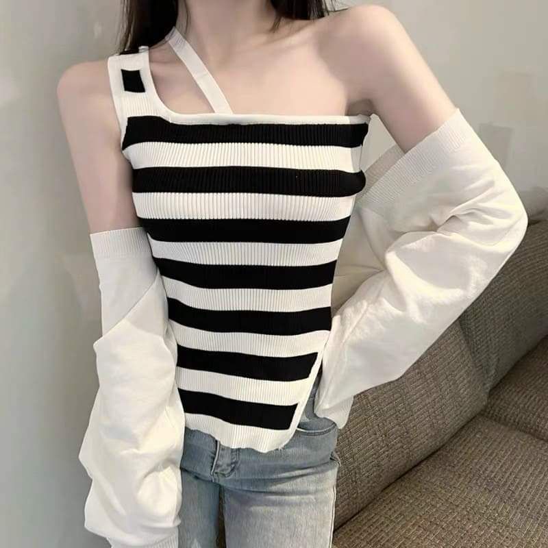 Sét áo len kẻ lệch vai mix áo khoác mỏng hàng QC