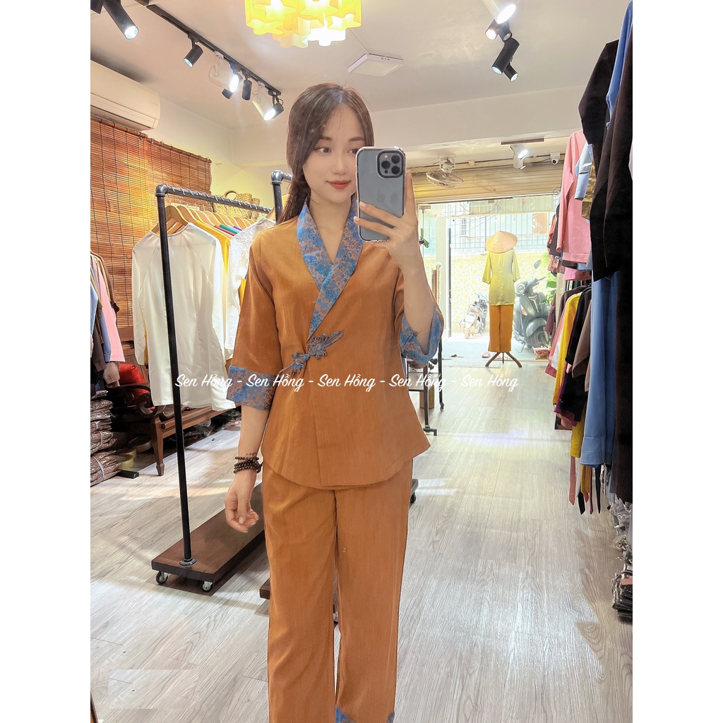 Bộ Phật tử đũi Nhật cái chéo Viền phối tơ tằm sang trọng - Đồ lam đi chùa thiết kế B11