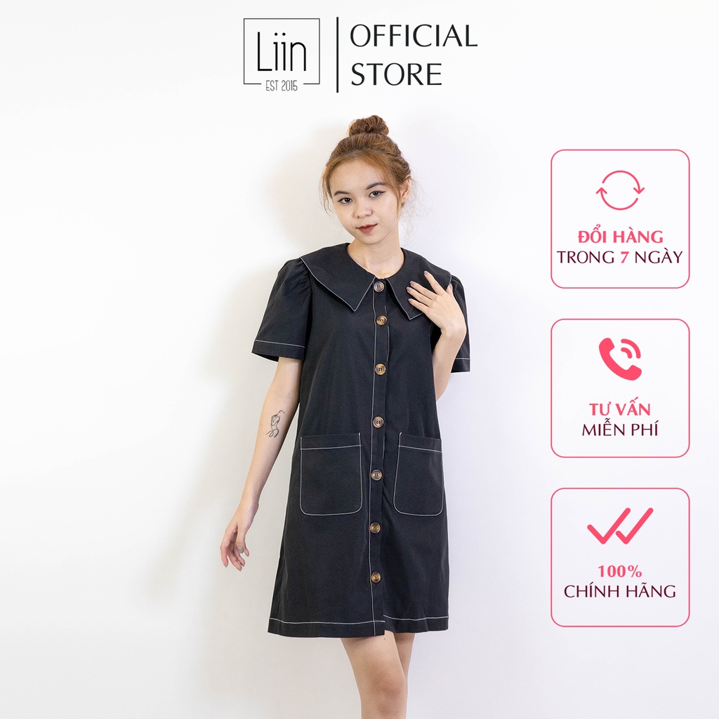 [Mã BMBAU50 giảm 50K đơn 150K] LIIN - Váy Nữ Dáng Suông Trapeze Khaki Dress Phối Túi Hộp Cổ Cách Điệu V00889
