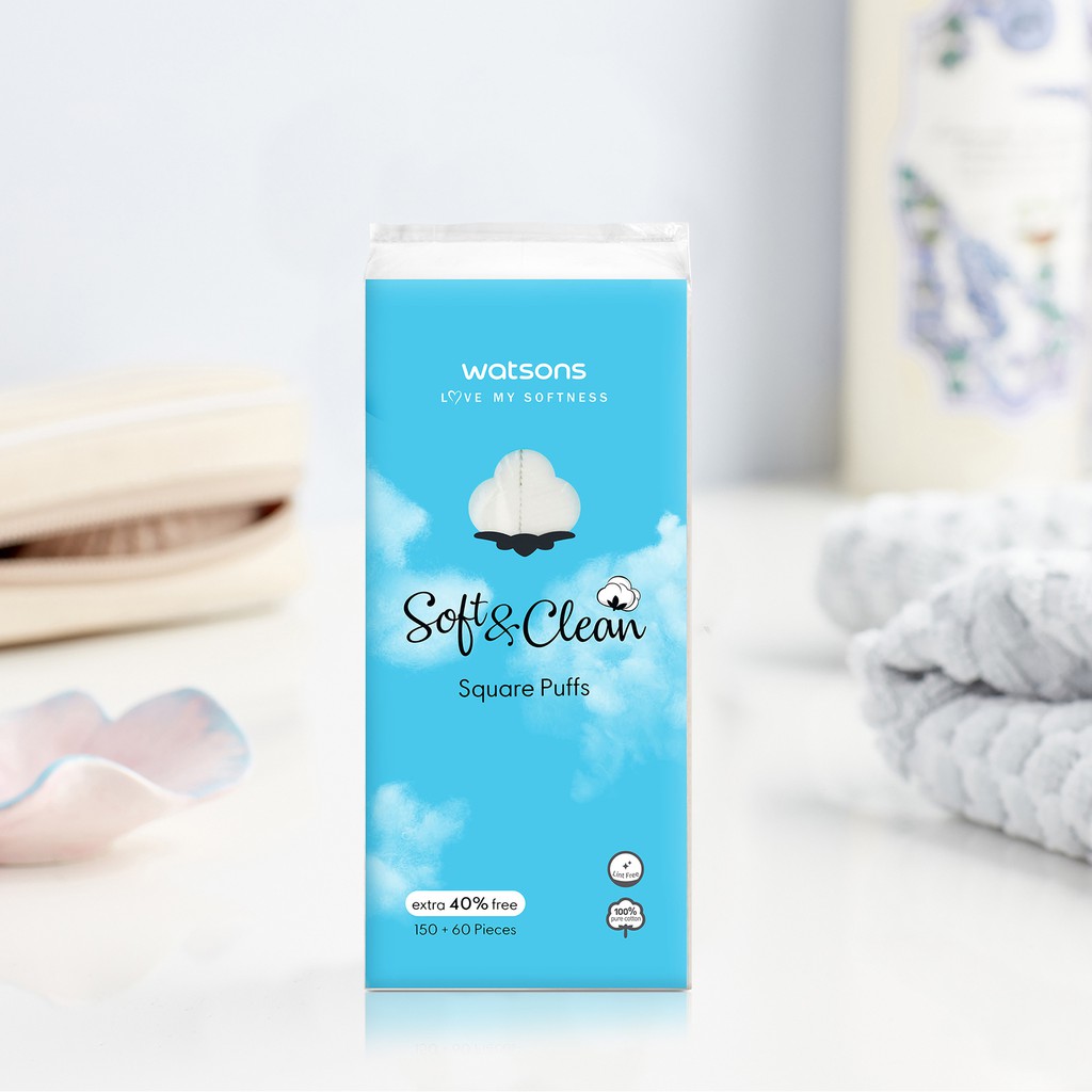 Bông Tẩy Trang Watsons Love My Softness Soft &amp; Clean Square Puffs Free 40% Dạng Túi Mềm 150+60 Miếng