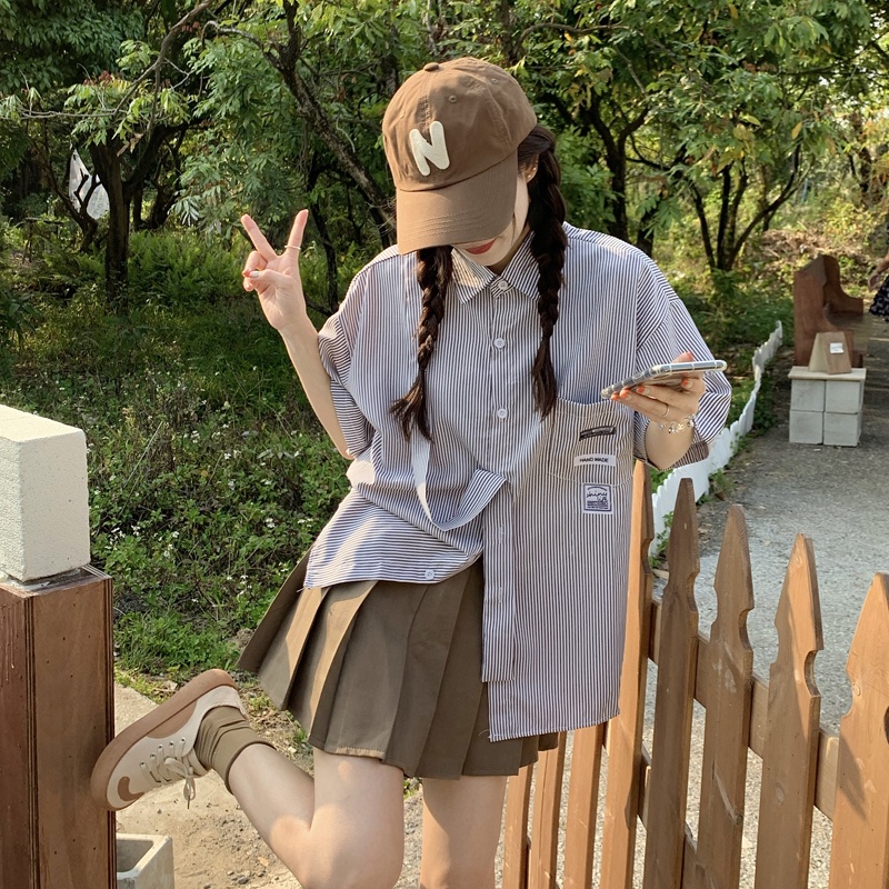 Áo Sơ Mi Tay Ngắn Kẻ Sọc Phong Cách Retro Hàn Quốc