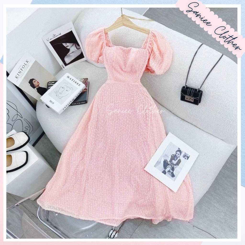 Váy nữ maxi hở lưng tay bồng đầm nữ dài chất ren cao cấp màu hồng pastel nhẹ nhàng phù hợp đi biển Saniee Clother
