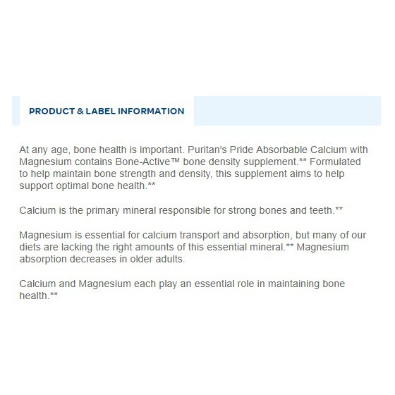 Viên uống canxi dễ hấp thu ngừa loãng xương không kích ứng dạ dày Puritan's Pride  Absorbable Calcium magnesium 60 viên | Thế Giới Skin Care