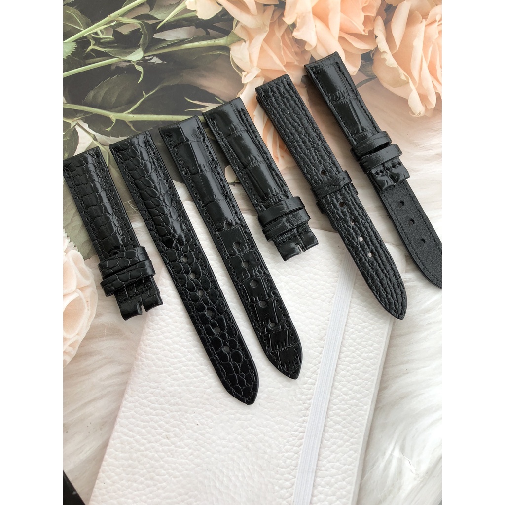 Dây Đồng Hồ Da Bò 100% Màu Đen Vân Tặng Kèm Chốt Và Đồ Thay Dây