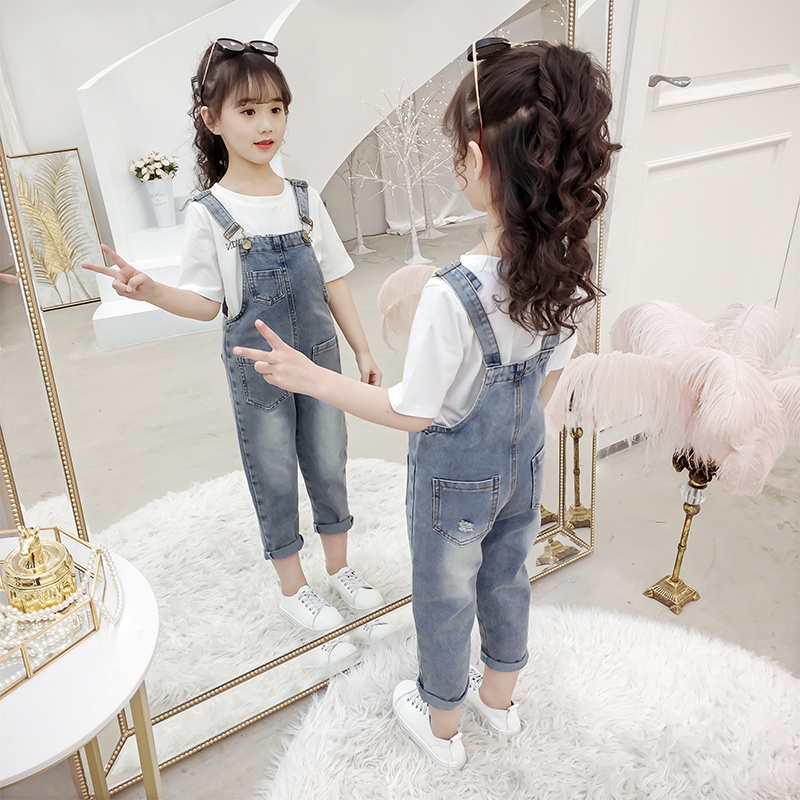 Bộ Áo Liền Quần denim Thời Trang Mùa Hè Cho Bé Gái Tiểu Học 6-10-12 Tuổi