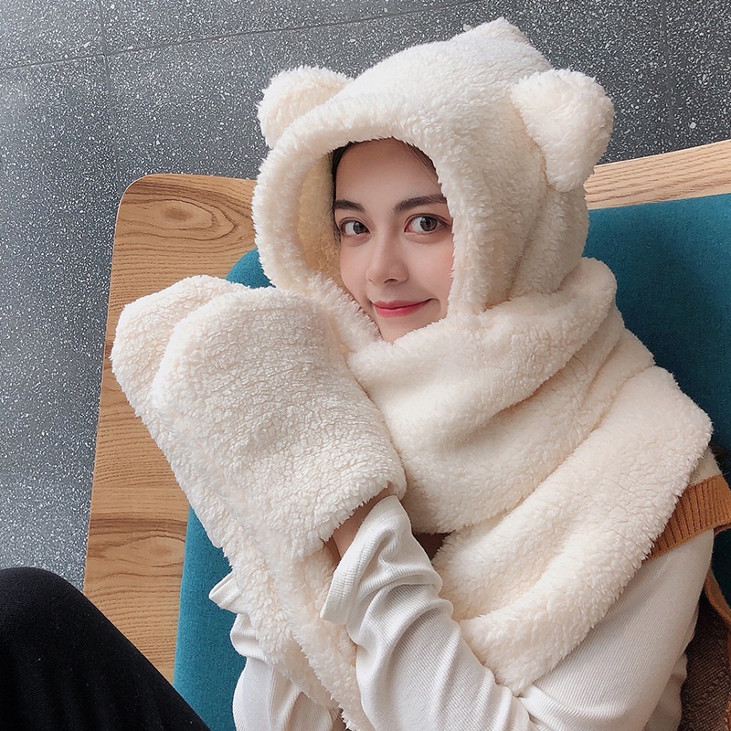 Mũ lông cừu tai gấu kèm khăn quàng cổ và găng tay ulzzang combo phong cách thời trang Hàn Quốc cho mùa thu đông ấm áp