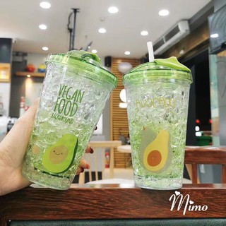 Bình nước cute dễ thương có ống hút 2 lớp trong suốt chắc chắn dung tích 430ml họa tiết quả bơ xanh độc đáo lạ mắt