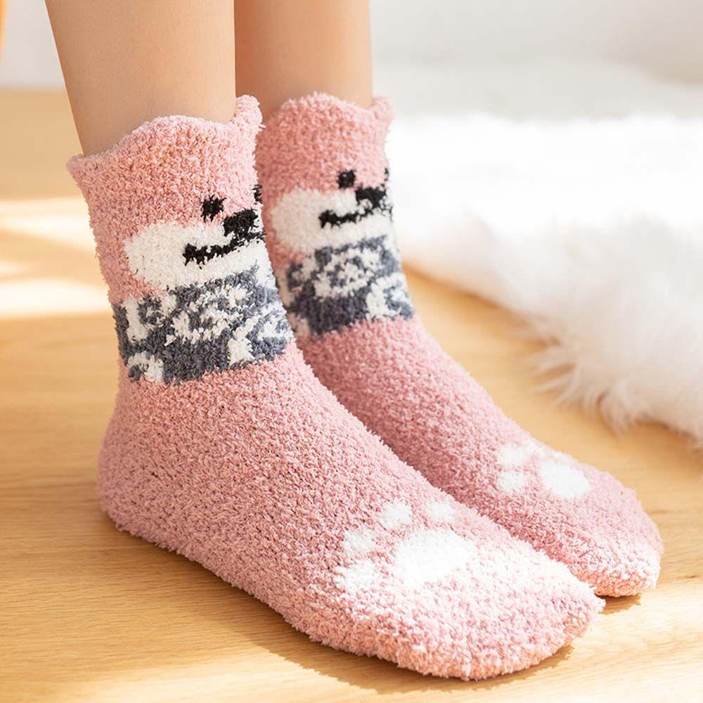 AROMA Vớ Lông Cừu San Hô Dày Dặn Ấm Áp Mềm Mại Họa Tiết Chú Chó Shiba Inu Dễ Thương