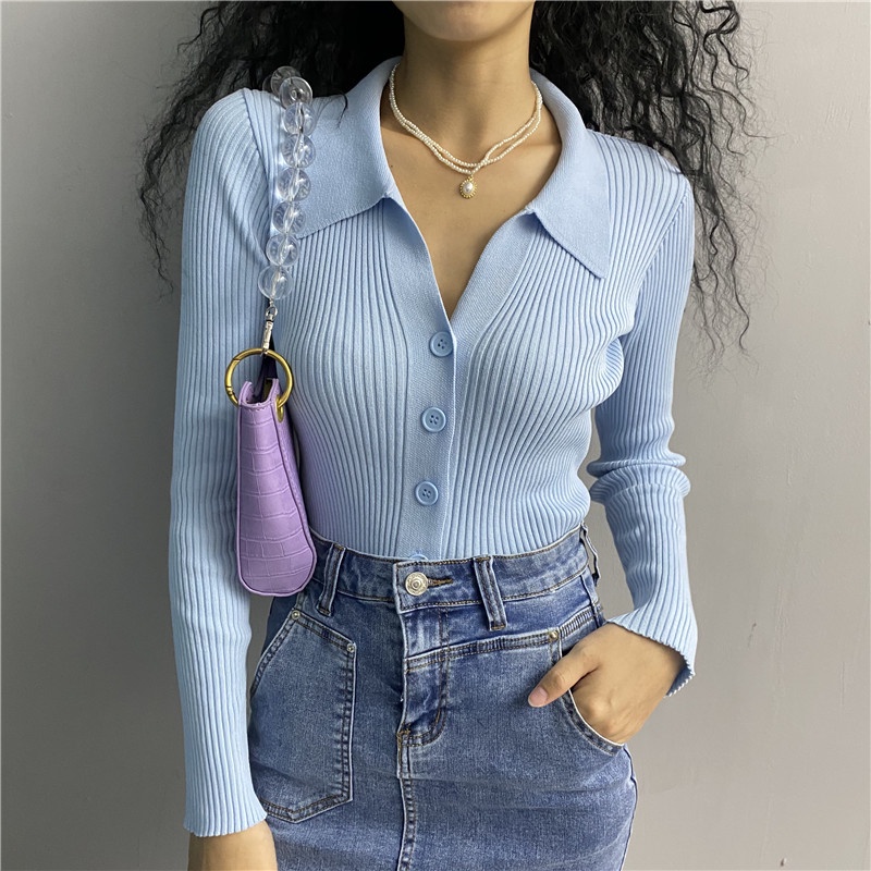 Retro Cổ Polo Ngắn Đan Áo Sơ Mi Nữ Thu Đông Mới Tất Cả Trận Đấu Màu Trơn Dài Tay Cardigan Áo