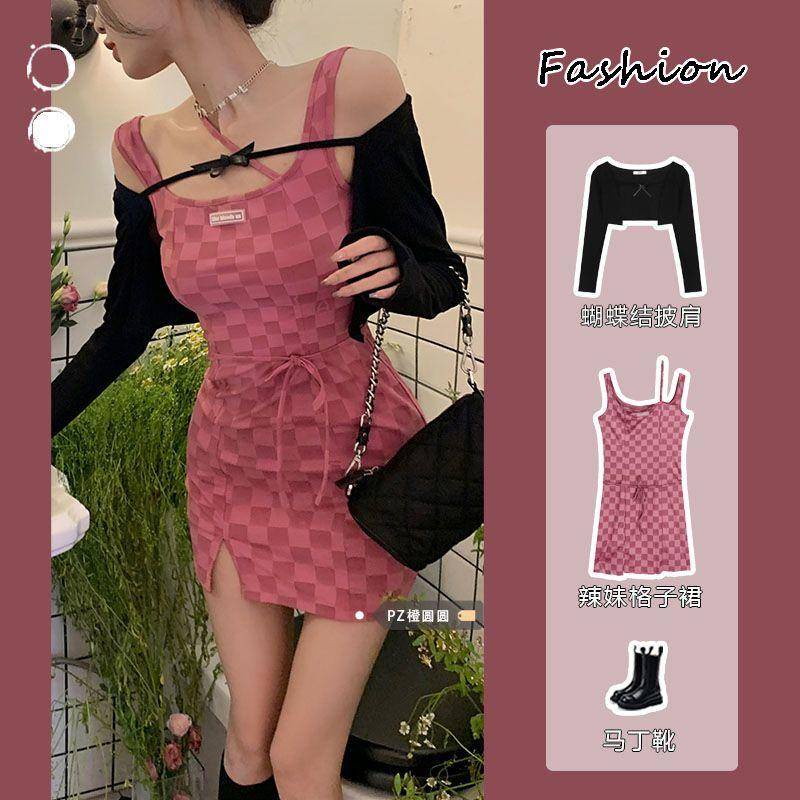 Váy Hai Dây Kẻ Ca Rô Váy Ôm Eo Khăn Choàng Thắt Nơ