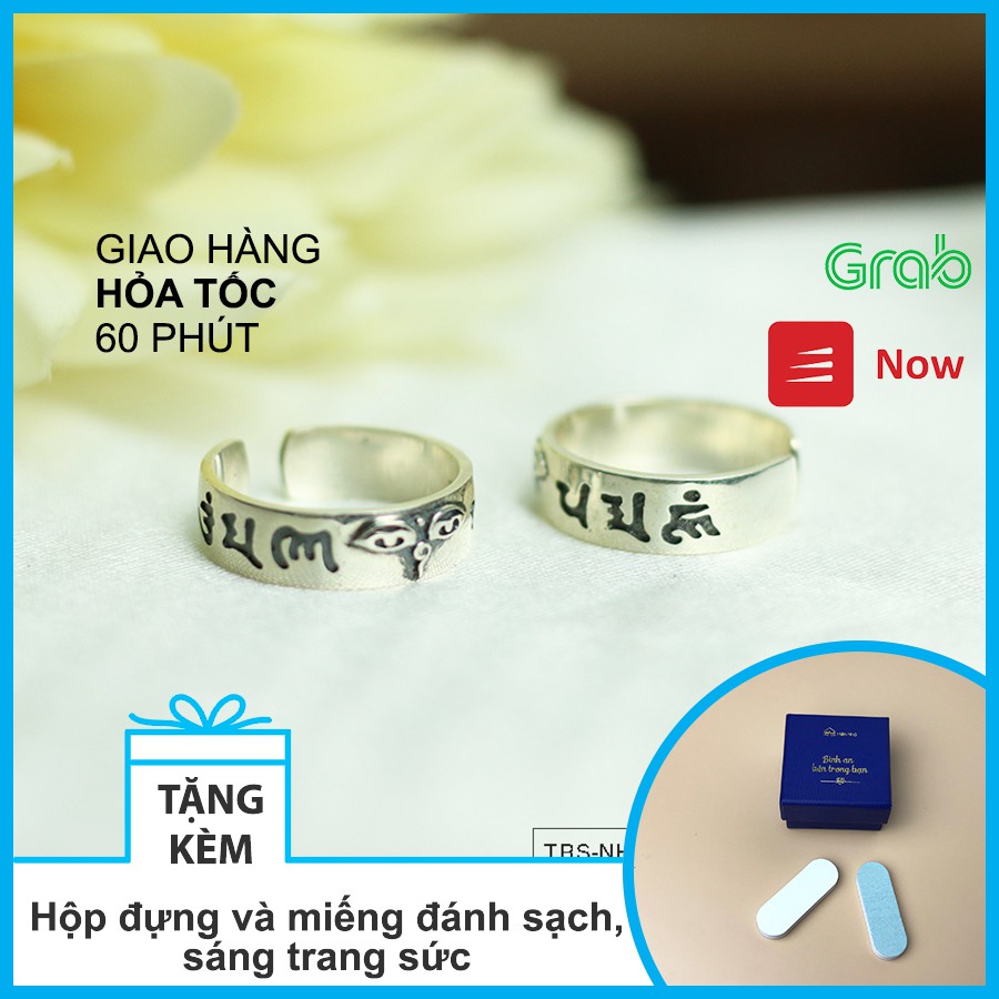 Nhẫn Bạc S925 freesize, đính đá chủng Om mani padme hum - Trang sức bình an - Hiên Nhà