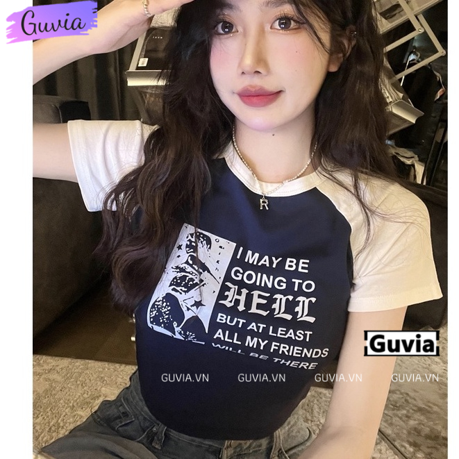 Áo Croptop Ôm Body Nữ HELL Cổ Tròn Tay Ngắn, Áo Thun Croptop Kiểu Sexy In Họa Tiết GUVIA CR58 | BigBuy360 - bigbuy360.vn