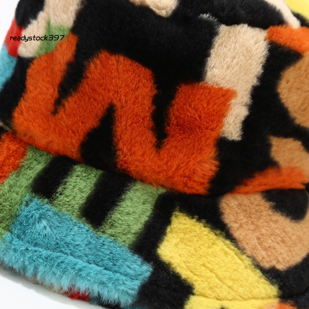 Re Multicolor Number Print Fishman Bucket Basin Hat Winter Outdoor Plush Warm Cap