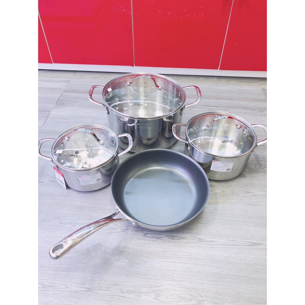 Bộ nồi chảo Elmich inox 304 cao cấp 3 lớp đáy liền Trimax 4 chiếc size 18cm, 20cm, 26cm và chảo 26cm
