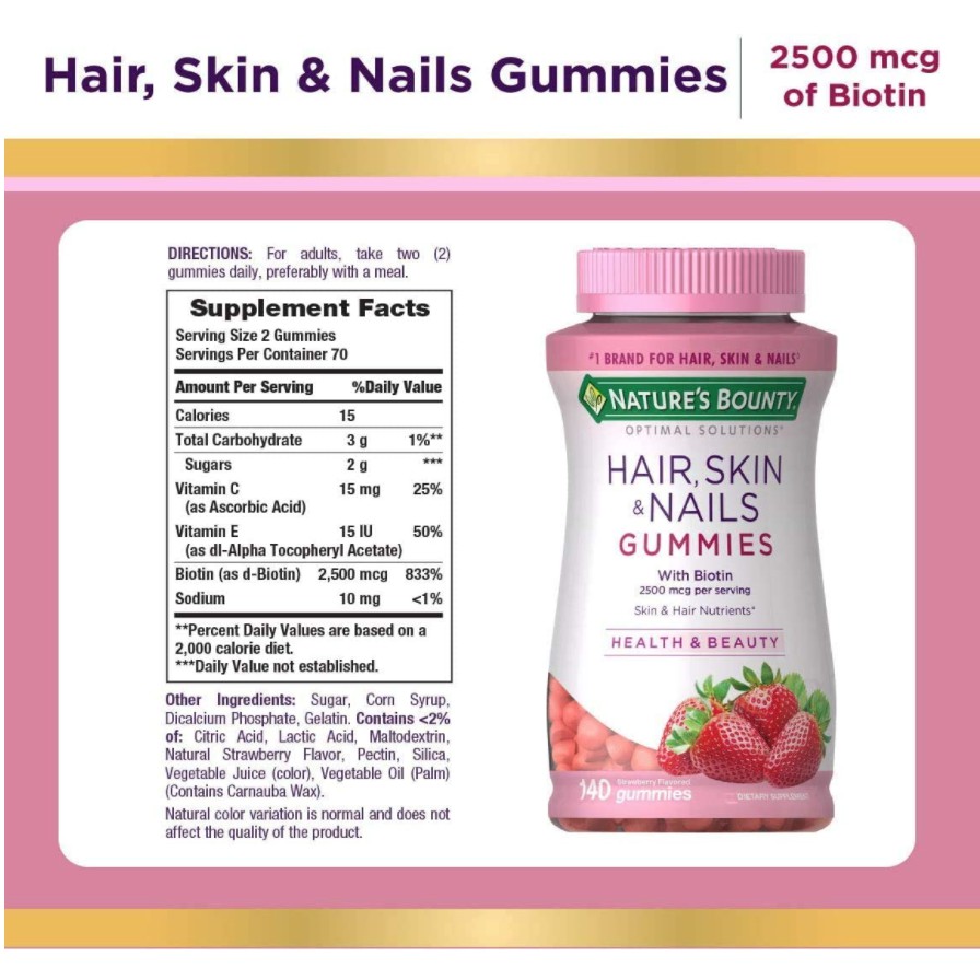 KẸO DẺO GUMMY NATURE'S BOUNTY HAIR, SKIN & NAILS WITH BIOTIN 2500MG