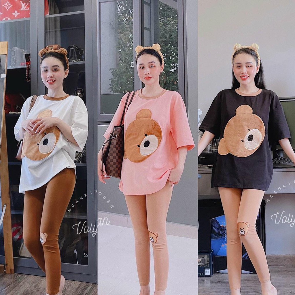 Bộ Thun Gấu Quần Legging Mặc Nhà, Mặc Đi Chơi Siêu Xinh, Áo Form Rộng