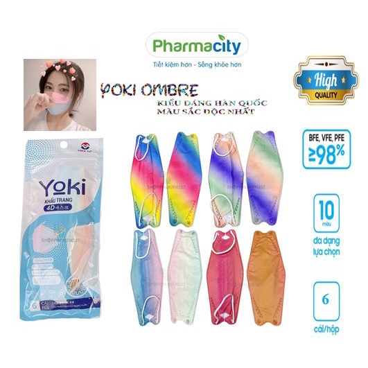 Khẩu Trang Đa Sắc Cầu Vòng Ombre Cao Cấp - Khẩu Trang Yoki 4D Kiểu KF94 Hàn Quốc Màu Thời Trang 4 Lớp - Bịch 6 Cái