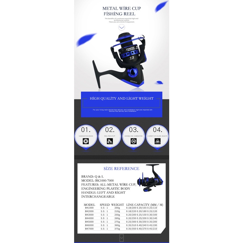 Máy Câu Cá 13+1 5.2:1 BK1000-7000 Series Chuyên Nghiệp Chất Lượng Cao