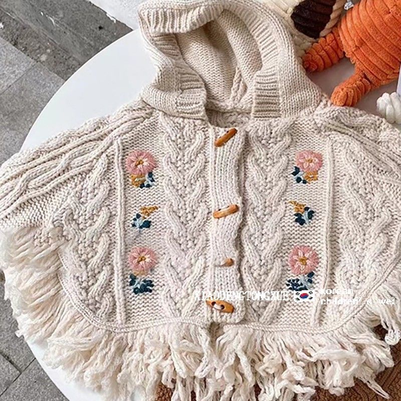 Áo Khoác Sweater Dệt Kim Tay Dài Có Mũ Trùm Thêu Hoa Kiểu Phương Tây Thời Trang Mùa Thu 2022 Cho Bé Gái