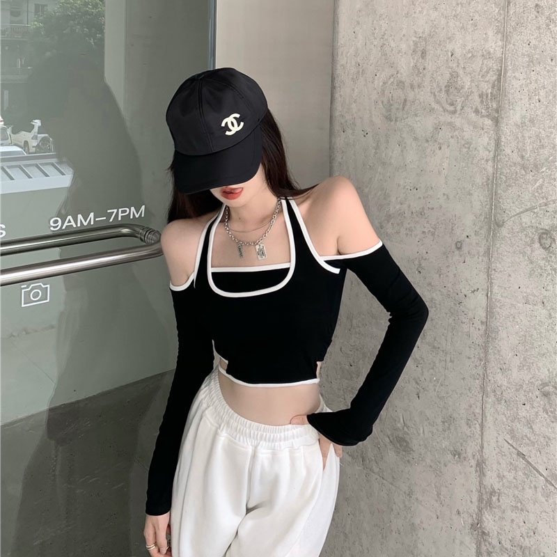 Áo Thun Tay Dài Hở Vai Thời Trang Xuân Hè Cho Nữ Đen