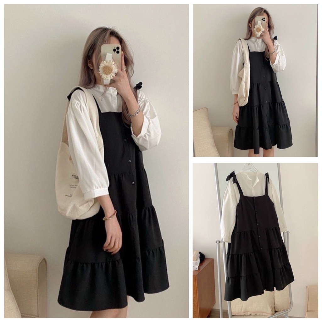 Sét Váy Yếm Nơ Vai Cúc Dọc Thân Kèm Áo Sơ MI Cổ Tàu hàn Quốc