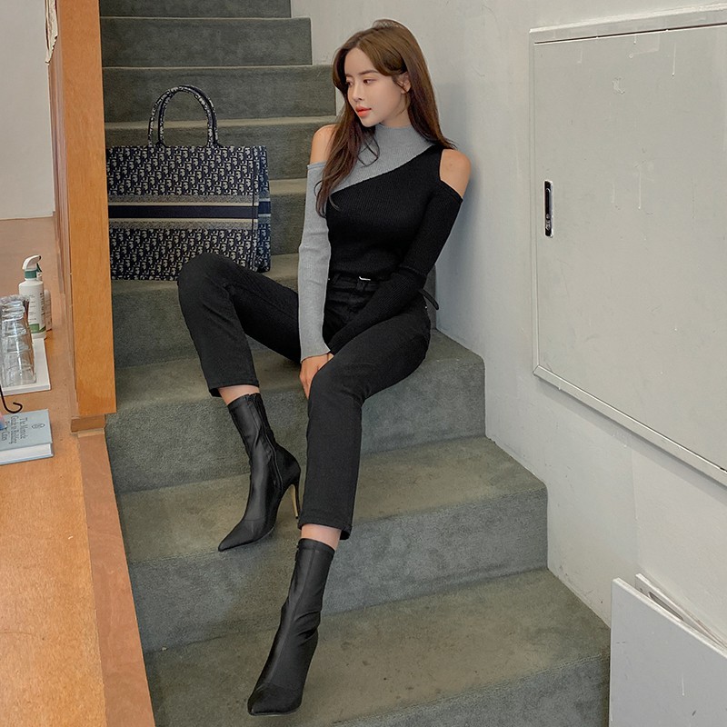 Cocory vn Áo Sweater Trễ Vai Tay Dài Thiết Kế Quyến Rũ Cho Nữ