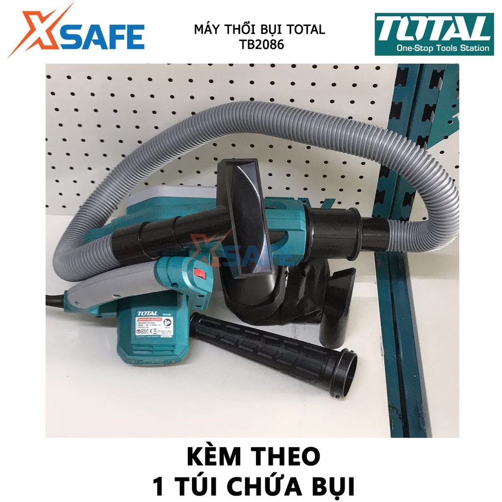 Máy thổi bụi TOTAL TB2086 Máy thổi công suất 800W, tốc độ không tải 0-15000rpm, kèm 1 túi chứa bụi, 1 ống và 2 vòi hút