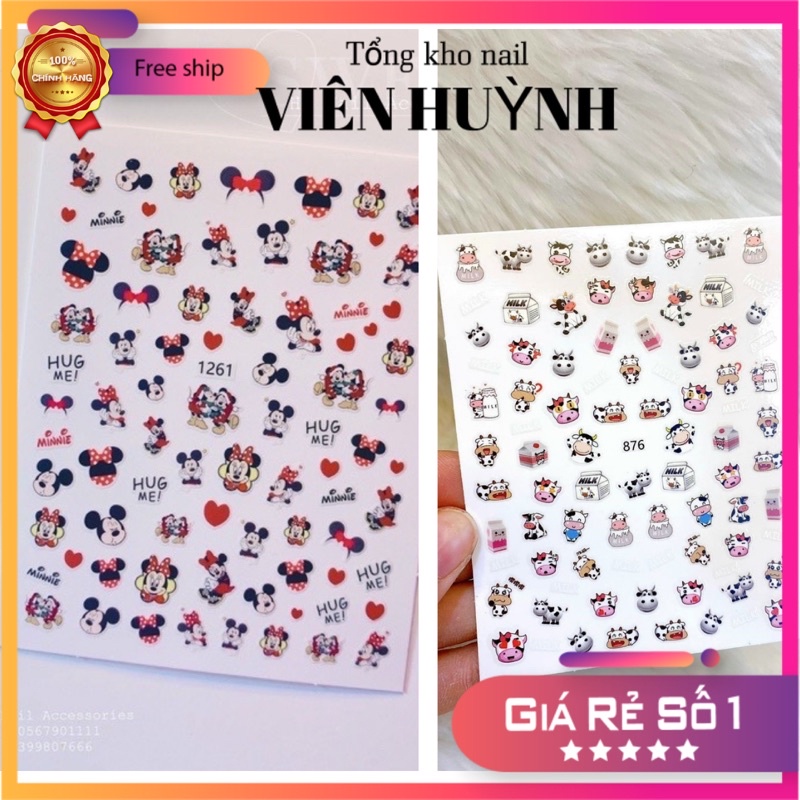 sticker chuột mickey , bò sữa nail, hình dán móng mẫu mới