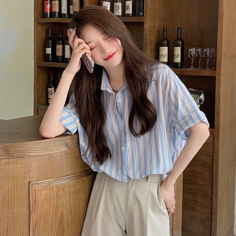 Áo Sơ Mi Tay Ngắn Kẻ Sọc Màu Sắc Tương Phản 185226 Áo Sơ Mi Dáng Rộng Phong Cách Hàn Quốc Cá Tính