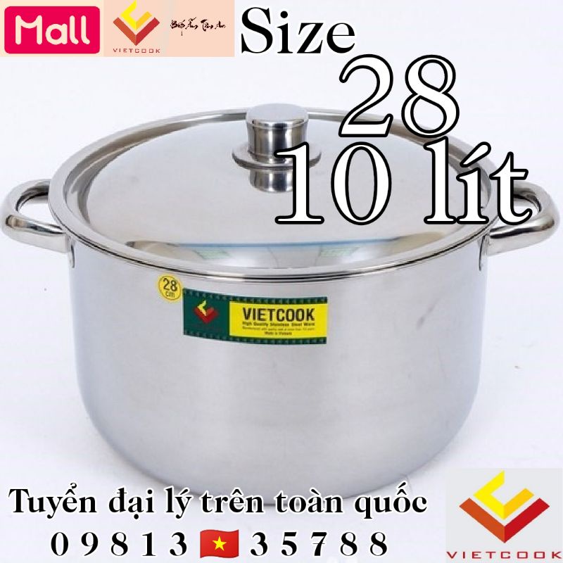 [VIETCOOK OFFICIAL] Nồi inox 10 lít Vietcook size 28 sử dụng trên bếp từ, nồi luộc gà nấu canh inox