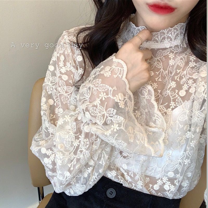Áo kiểu tay dài phối ren lưới thiết kế xinh xắn cho nữ | BigBuy360 - bigbuy360.vn