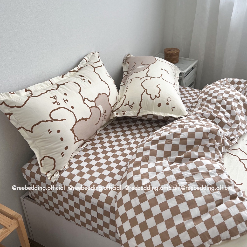Bộ chăn ga gối poly cotton REE Bedding đủ size giường nệm gấu caro nâu PLC38