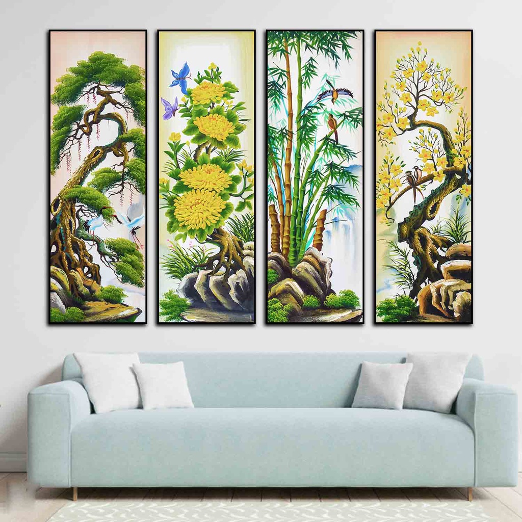 Bộ 4 Tranh Tùng Túc Trúc Mai Có Khung Nổi Treo Tường Kích Thước 20x60cm