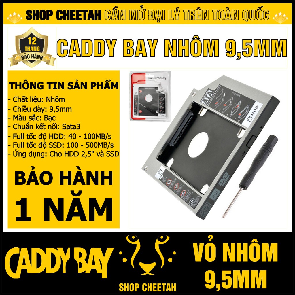 Caddy Bay vỏ nhôm dày 9,5mm - Sata3 cho SSD và HDD 2,5” – Khay ổ cứng thay thế ổ DVD