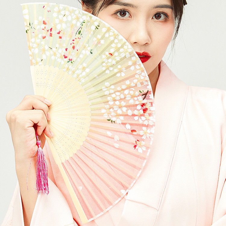 Quạt cổ trang dây tuyến HỒNG XANH LÁ vải lụa xếp cầm tay quà tặng Trung Quốc mẫu mới quạt múa