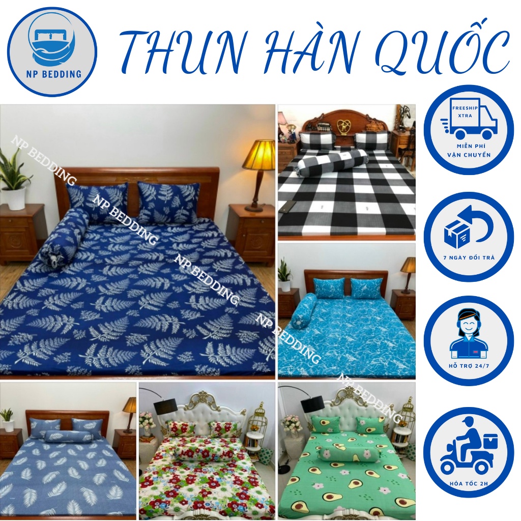 Bộ ga giường thun hàn quốc, ga gối thun lạnh 4 món, drap trải giường size nệm 1m6, 1m8 mẫu mã đa dạng - NP BEDDING