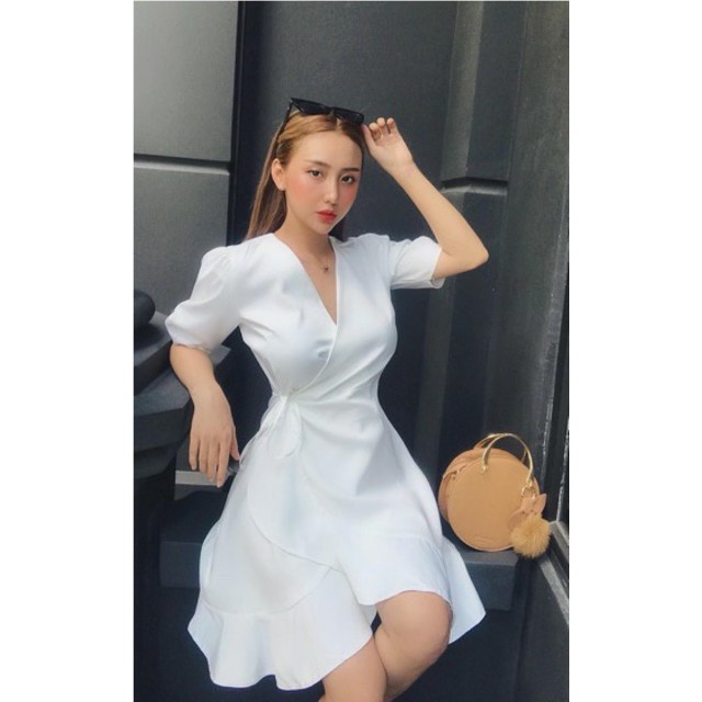 Đầm trắng cổ chữ V đắp chéo tay lỡ bồng - Freesize -Pink moon store