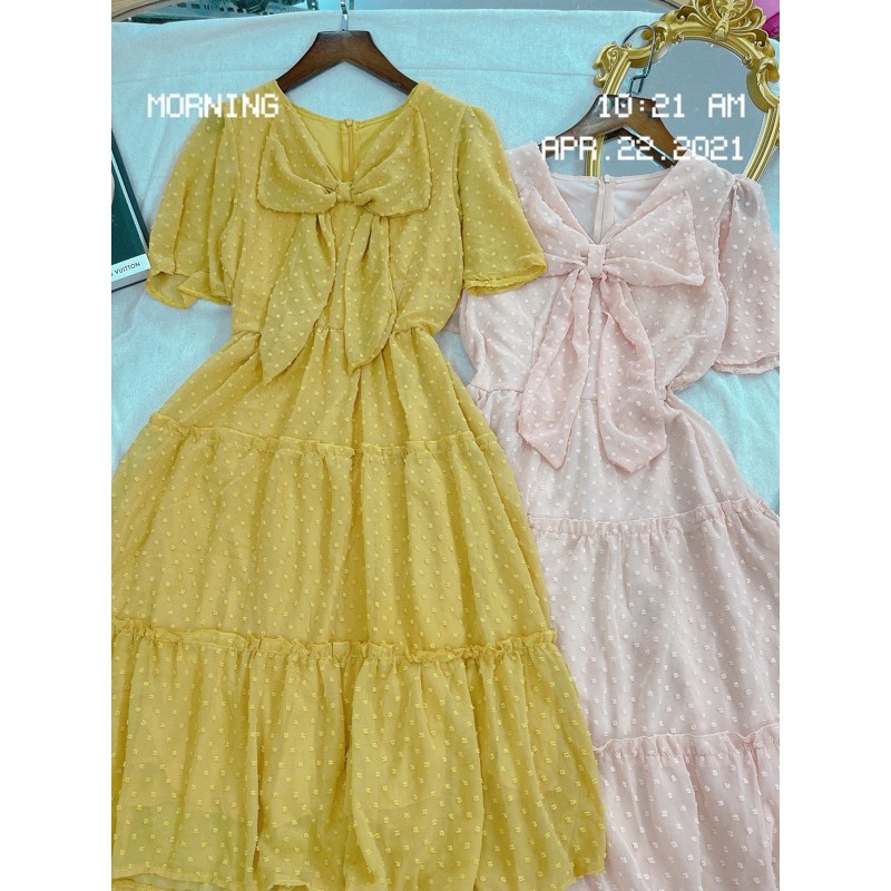 Đầm maxi voan bi nổi nơ, Đầm Váy Xoè Nơ Vol Bi Nổi Kèm Lót Cao Cấp | BigBuy360 - bigbuy360.vn