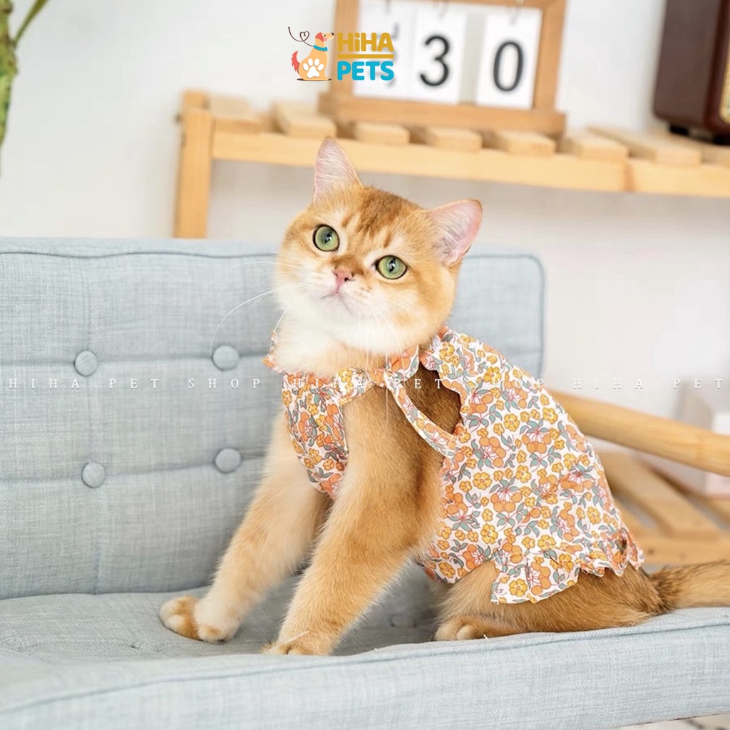 Áo Cho Chó Mèo Hoa Cam Xanh Dây, Quần Áo Thú Cưng Mát Mẻ Mùa Hè hihapet