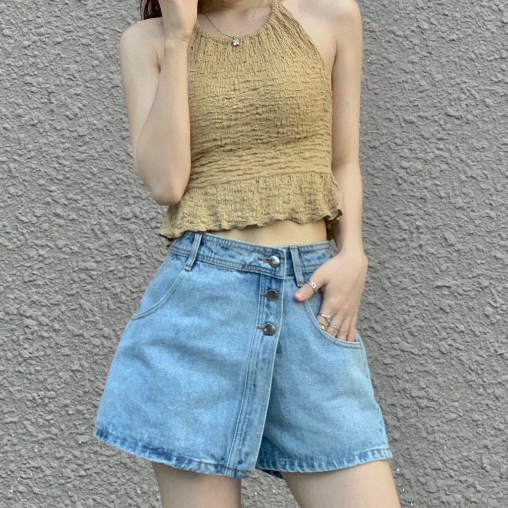 CARA Quần Short Jeans Puffy dáng chữ A kiểu đắp chéo trẻ trung năng động phù hợp đi học dạo phố
