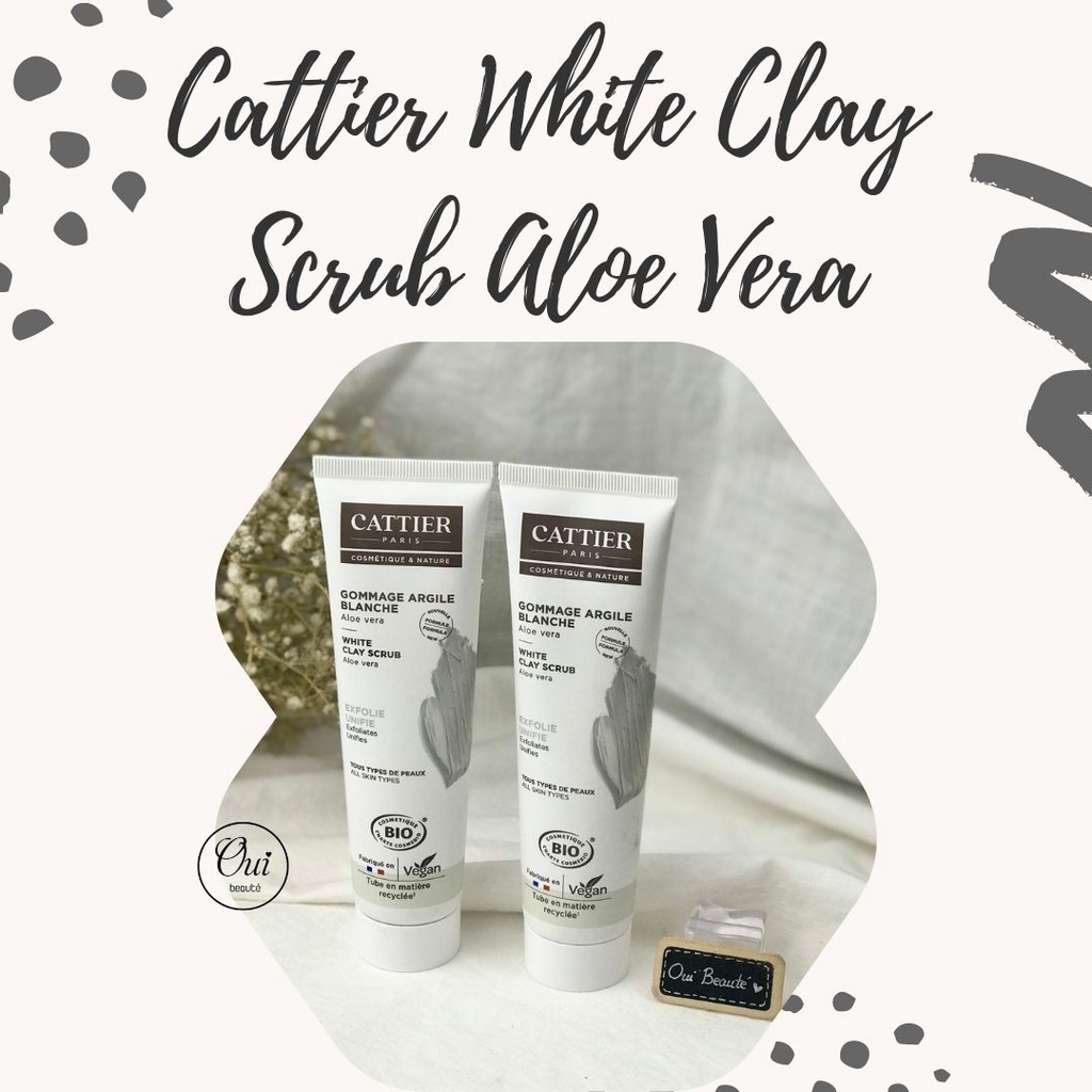 Tẩy da chết đất sét trắng Cattier White Clay Scrub Aloe Vera, Tẩy tế bào chết hương lô hội 100ml Ouibeaute